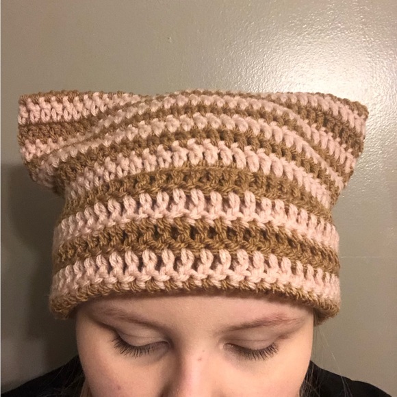 Tan and Pink Crochet Cat Ear Beanie - Picture 4 of 4